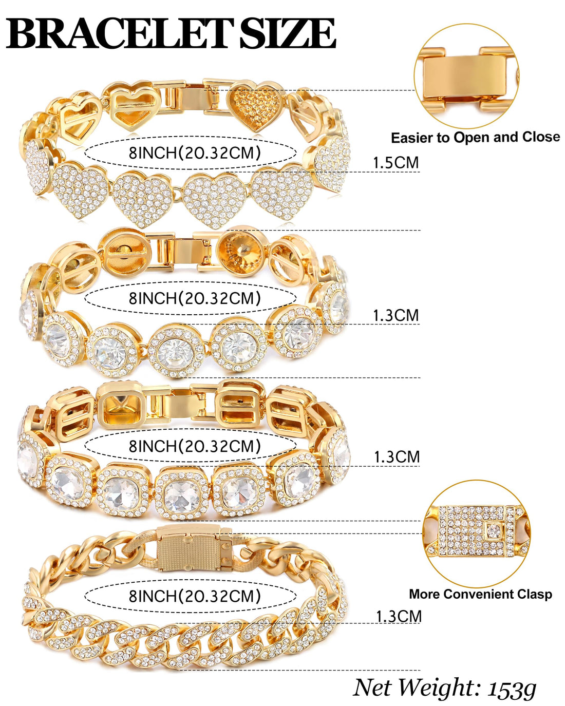 shopbyskyler 4PCS Gold Silver Bracelets for Women Diamond Cuban Bracelet Layered Link Bracelet Set Fashion Jewelry (Gold, 8inch)