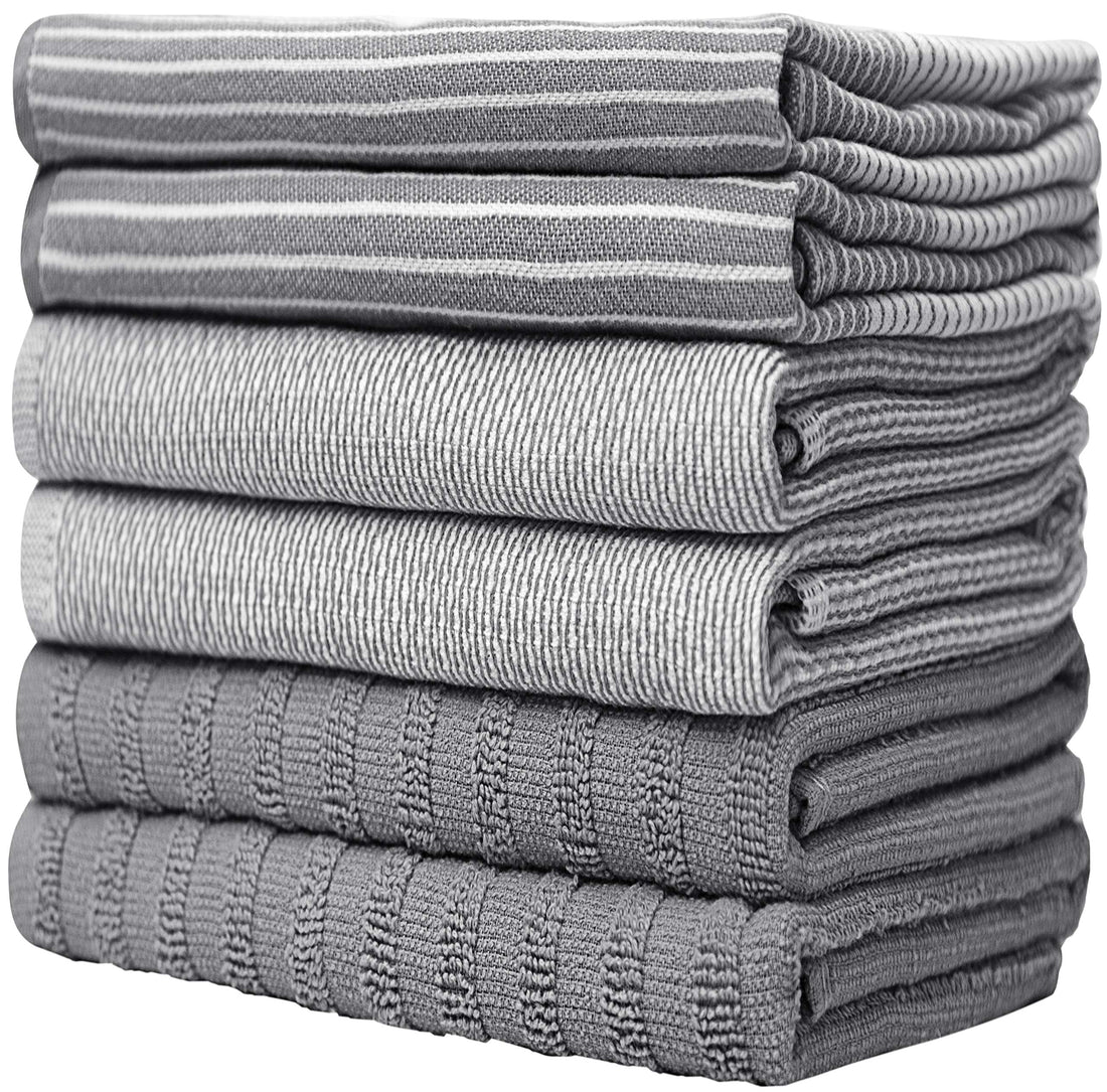 Premium Kitchen Towels (20”x 28”, 6 Pack) | Large Cotton Kitchen Hand Towel | Flat & Terry Dish Cloths | Highly Absorbent Tea Towels Set with Hanging Loop | Gray