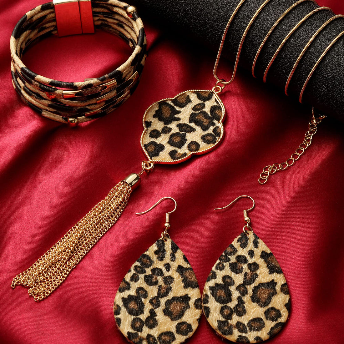 Hicarer 3 Pieces Leopard Earrings Bracelets Women Jewelry Bohemia Earrings Necklace Cheetah Set Multilayer Leather Cuff Boho for Large Wrists Cosplay Party Costume Accessories(Leopard Style)