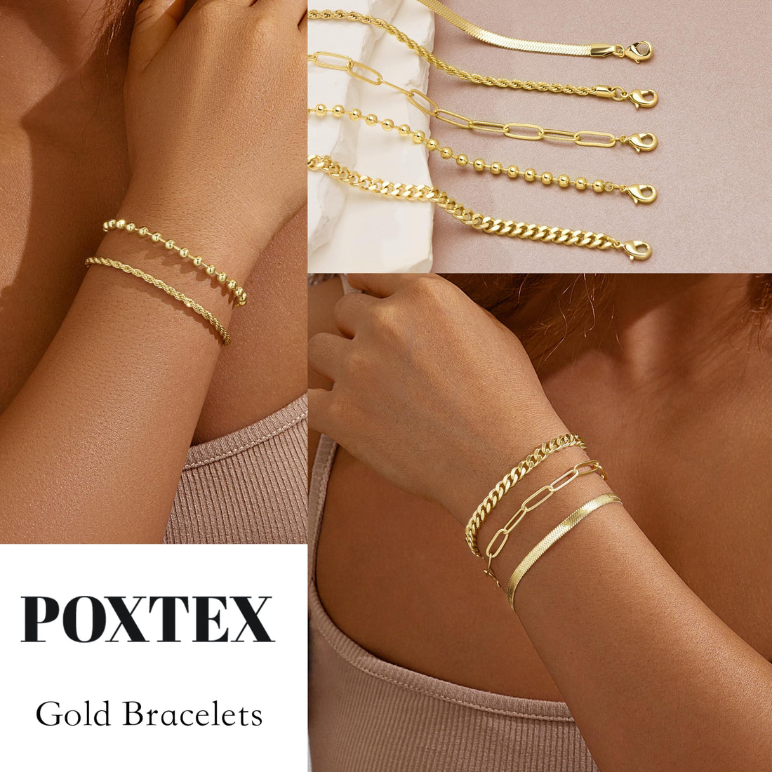 Poxtex Gold Bracelets for Women, 14K Gold Dainty Jewelry Sets for Women Trendy, Gold Stackable Waterproof Bracelets Inclued Beaded, Cuban, Paperclip, Herringbone, Rope, Fashion Jewelry Gifts for Women Christmas