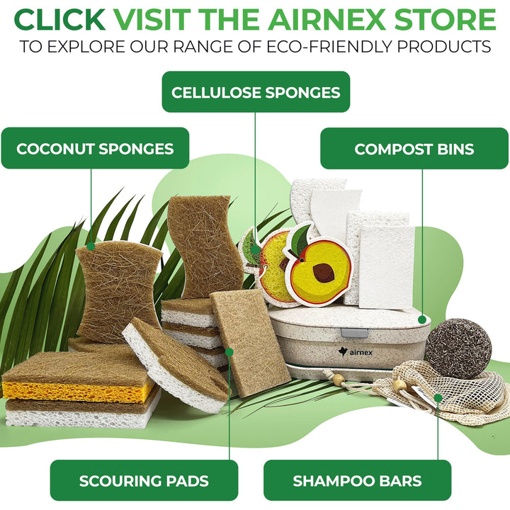 AIRNEX Natural Kitchen Sponge - Biodegradable Compostable Cellulose and Coconut Scrubber Sponge - Pack of 12 Eco Friendly Sponges for Dishes