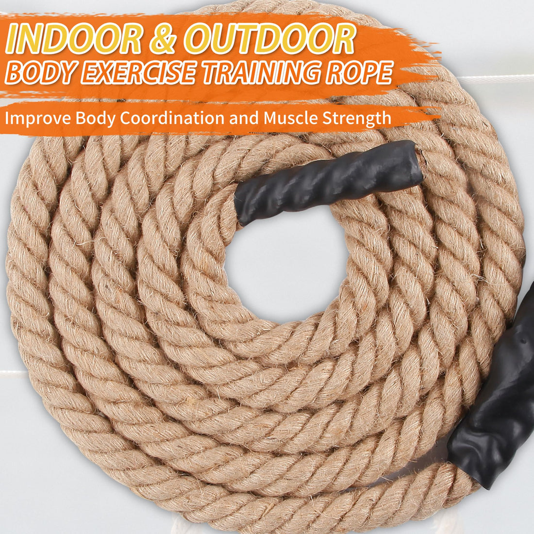 EMEKIAN Natural Jute 15 FT Gym Climbing Rope, 1.5" Diameter Home Workout Exercise Rope with Knotted Loop & Heat Shrink Cover, Indoor Outdoor Fitness & Strength Training Rope for Adult, Child