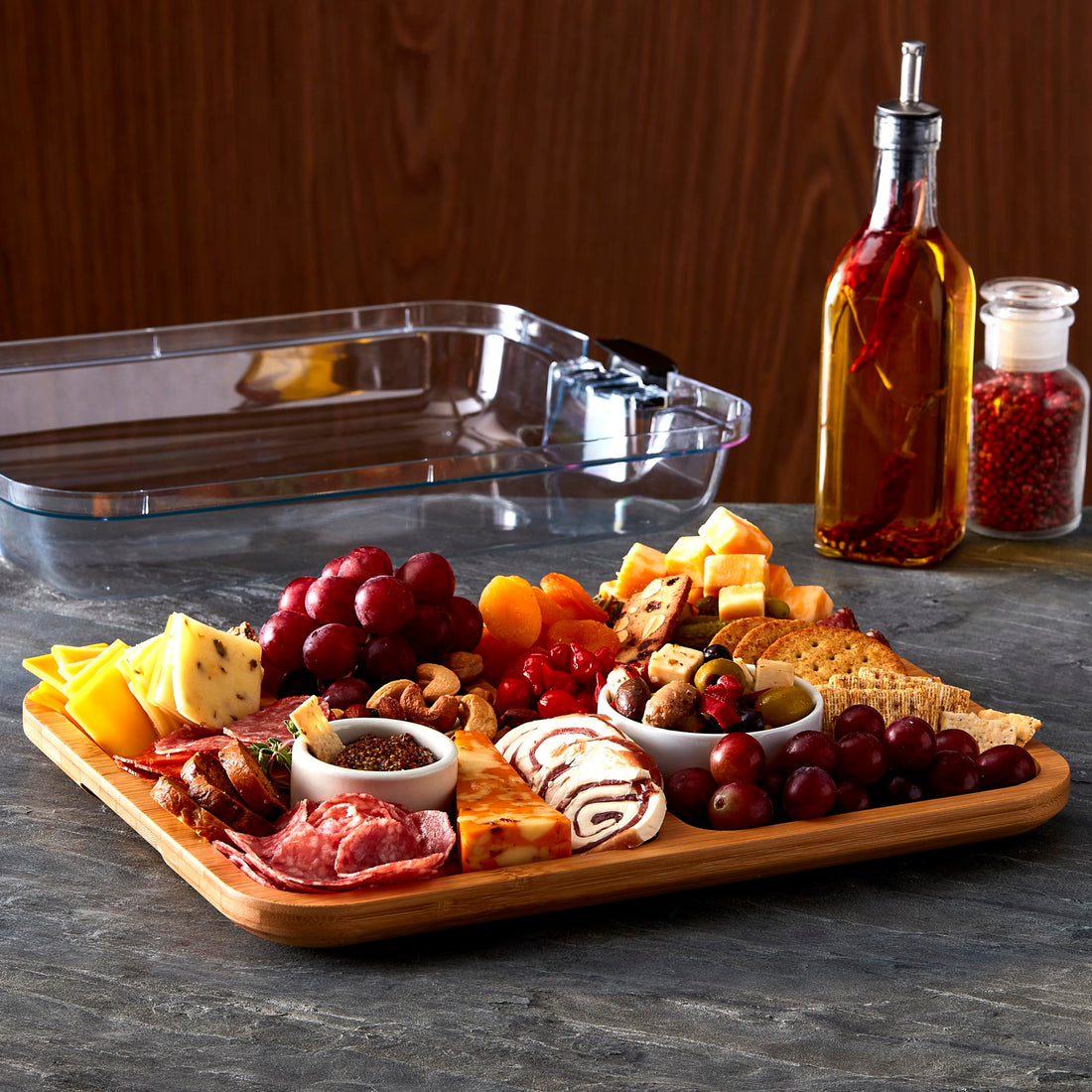 Farberware Build-a-Board Cutting Board with Compartments and Clear Locking Lid for Charcuterie, Snacks, and More-Make it. Take it. Enjoy it, 11x14 Inch, Bamboo