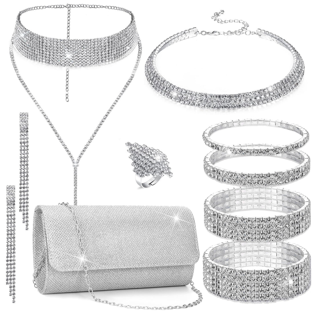 EIELO Rhinestone Jewelry Set for Women Wedding Bridal Silver Clutch Purse Glitter Choker Necklace Tennis Stretch Bracelets Ring Dangle Fringe Earrings Set