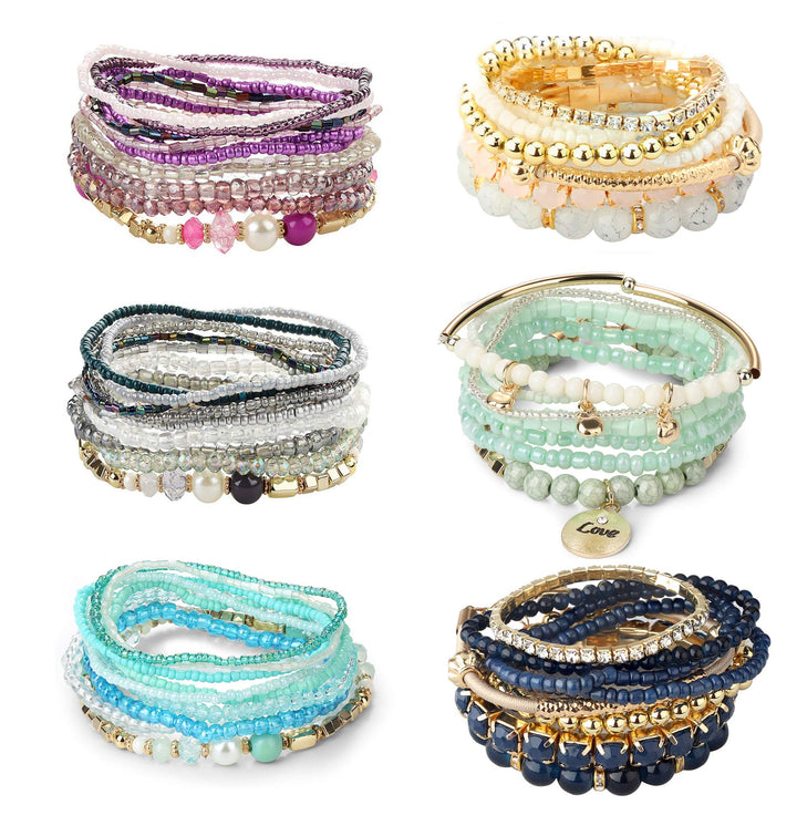 LOYALLOOK 6 Sets Bohemian Stackable Bead Bracelets for Women Stretch Bohemian Style Stretch Multilayered Boho Bracelet Set