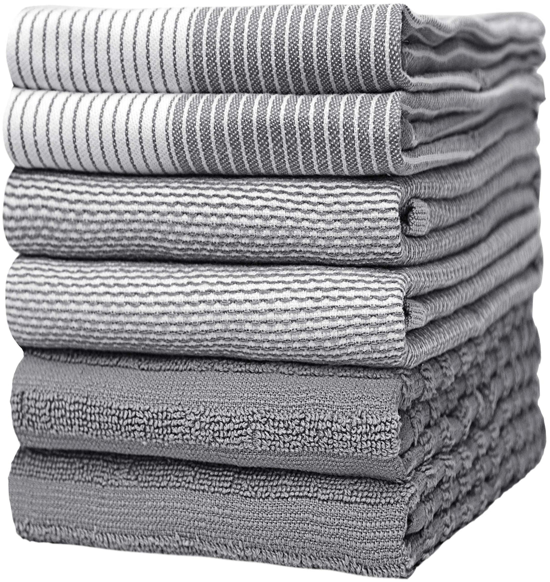 Premium Kitchen Towels (20”x 28”, 6 Pack) | Large Cotton Kitchen Hand Towel | Flat & Terry Dish Cloths | Highly Absorbent Tea Towels Set with Hanging Loop | Gray